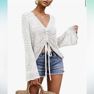 Boho Hollow Out Crochet Bell Sleeve Butterfly Crochet Sweater